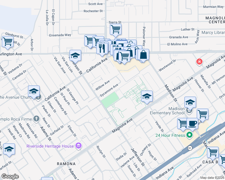 map of restaurants, bars, coffee shops, grocery stores, and more near 7760 Sycamore Avenue in Riverside