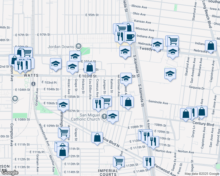 map of restaurants, bars, coffee shops, grocery stores, and more near 10347 Kalmia Street in Los Angeles