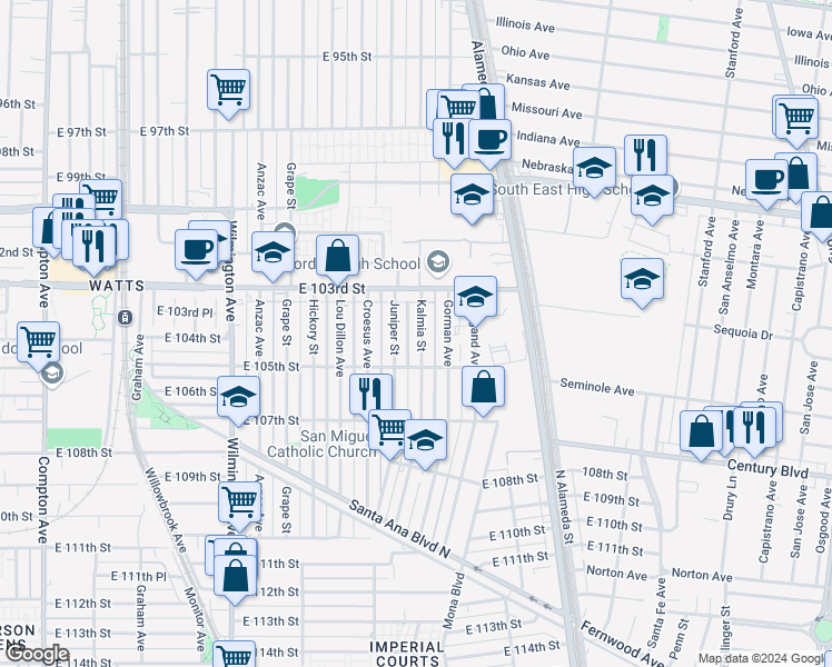 map of restaurants, bars, coffee shops, grocery stores, and more near 10347 Kalmia Street in Los Angeles
