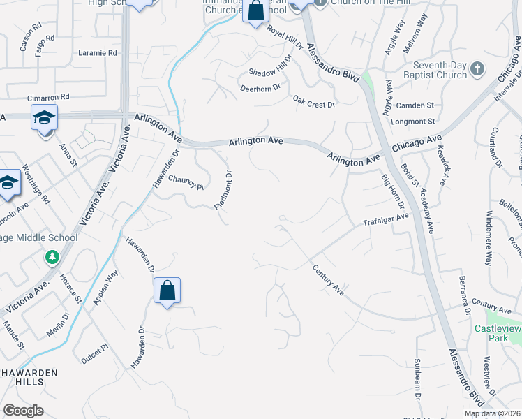 map of restaurants, bars, coffee shops, grocery stores, and more near 2291 El Capitan Drive in Riverside