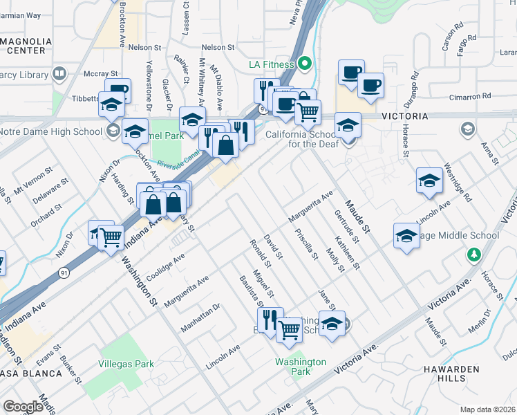 map of restaurants, bars, coffee shops, grocery stores, and more near 3210 Jane Street in Riverside
