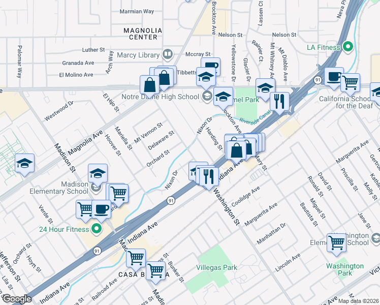 map of restaurants, bars, coffee shops, grocery stores, and more near 3591 Washington Street in Riverside