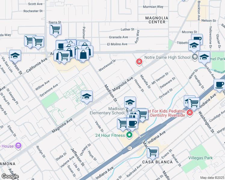 map of restaurants, bars, coffee shops, grocery stores, and more near 3815 Madison Street in Riverside
