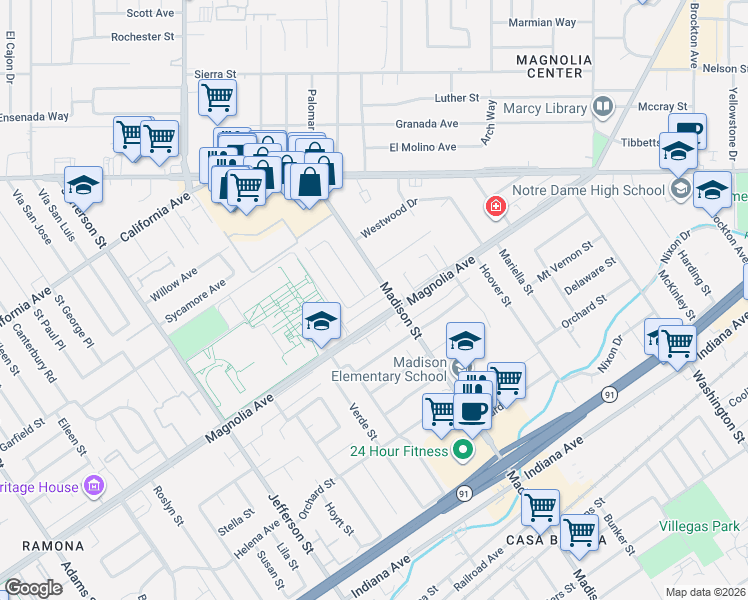 map of restaurants, bars, coffee shops, grocery stores, and more near 3851 San Marcos Avenue in Riverside