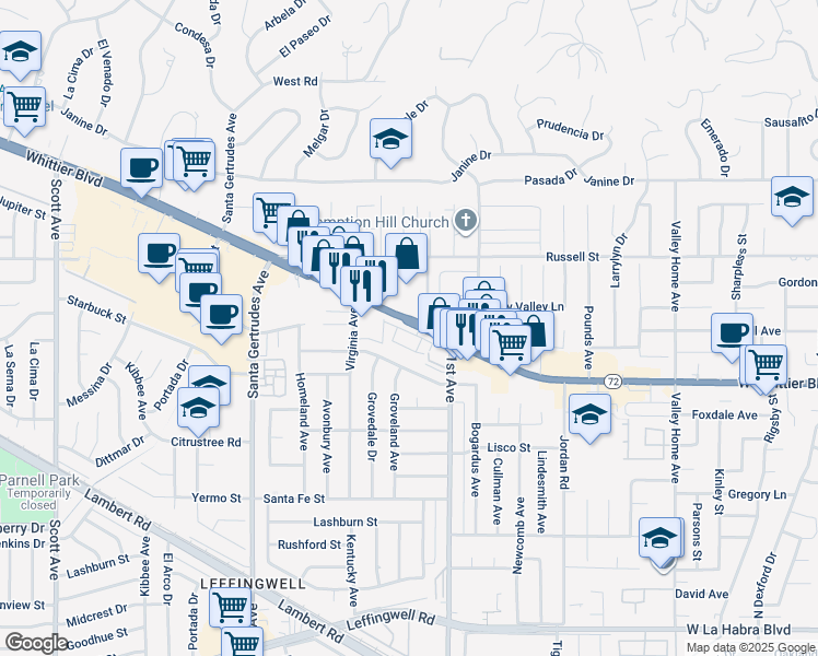 map of restaurants, bars, coffee shops, grocery stores, and more near 16065 Gables Loop in Whittier