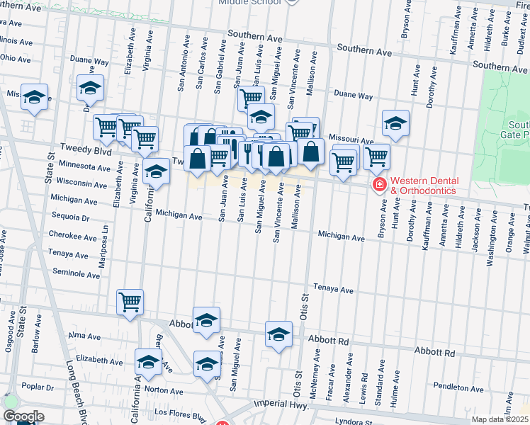 map of restaurants, bars, coffee shops, grocery stores, and more near 10101 San Miguel Avenue in South Gate