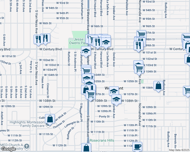 map of restaurants, bars, coffee shops, grocery stores, and more near 10341 South Hobart Boulevard in Los Angeles