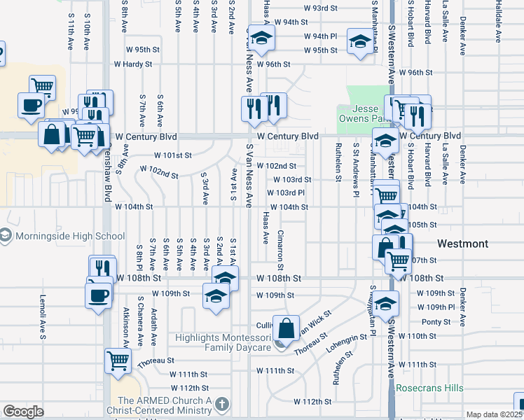 map of restaurants, bars, coffee shops, grocery stores, and more near 2133 West 104th Street in Los Angeles