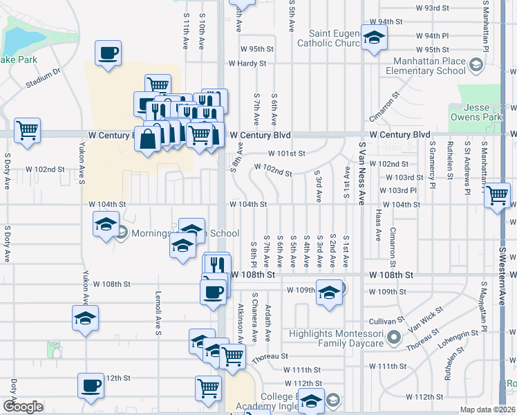 map of restaurants, bars, coffee shops, grocery stores, and more near 10252 South 8th Avenue in Inglewood