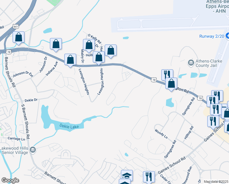 map of restaurants, bars, coffee shops, grocery stores, and more near 2400 Lexington Road in Athens