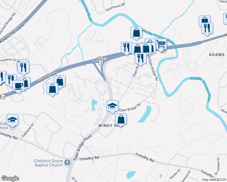 map of restaurants, bars, coffee shops, grocery stores, and more near 232 Epps Bridge Road in Athens