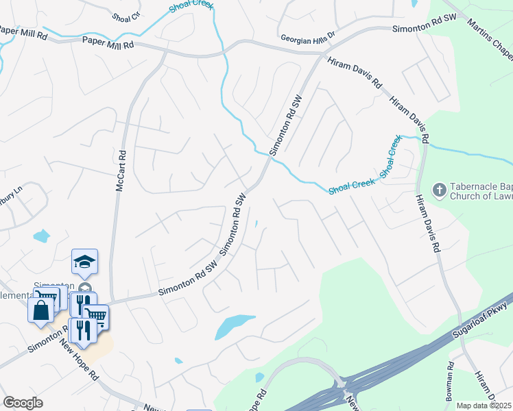 map of restaurants, bars, coffee shops, grocery stores, and more near 1807 Shaker Falls Lane in Lawrenceville
