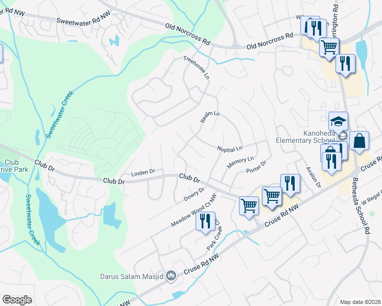 map of restaurants, bars, coffee shops, grocery stores, and more near 2965 Clipper Court in Lawrenceville
