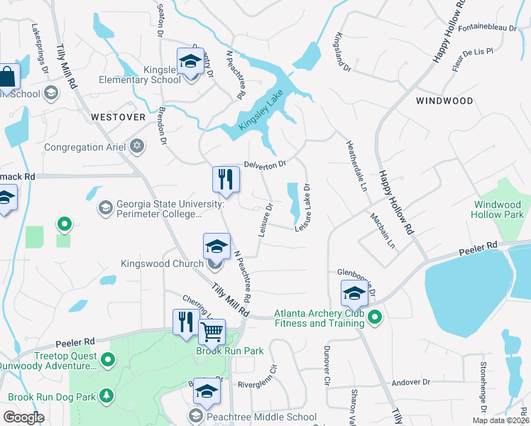 map of restaurants, bars, coffee shops, grocery stores, and more near 4936 Leisure Drive in Dunwoody