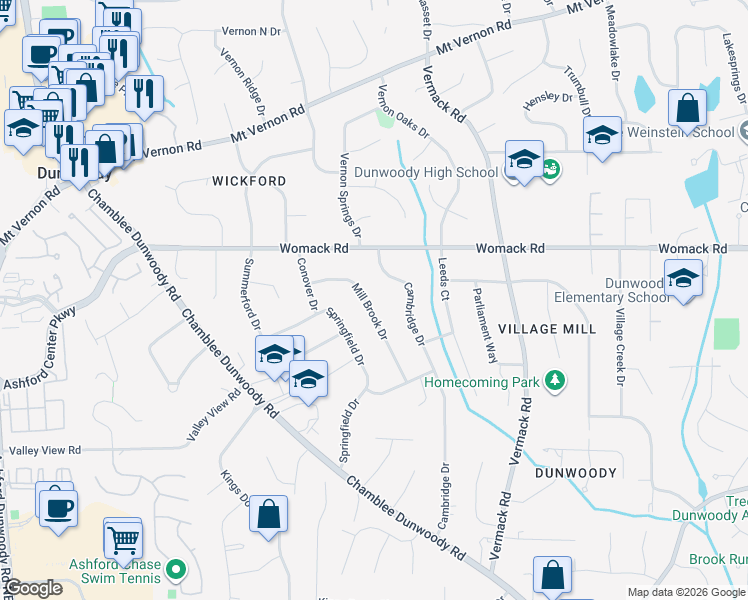 map of restaurants, bars, coffee shops, grocery stores, and more near 4915 Mill Brook Drive in Dunwoody