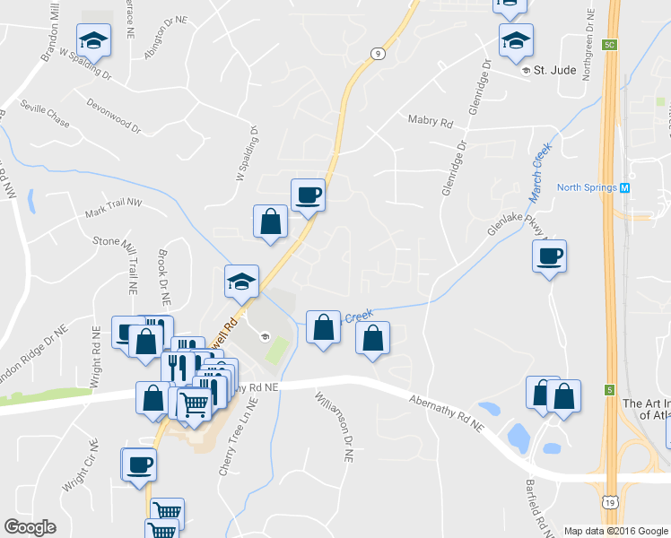 map of restaurants, bars, coffee shops, grocery stores, and more near 6851 Roswell Road Northeast in Atlanta