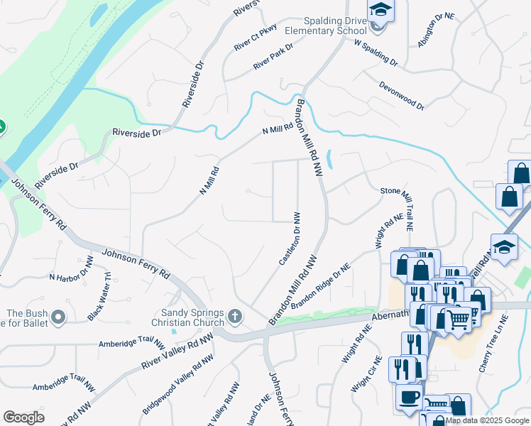 map of restaurants, bars, coffee shops, grocery stores, and more near 100 Finchley Court Northwest in Atlanta