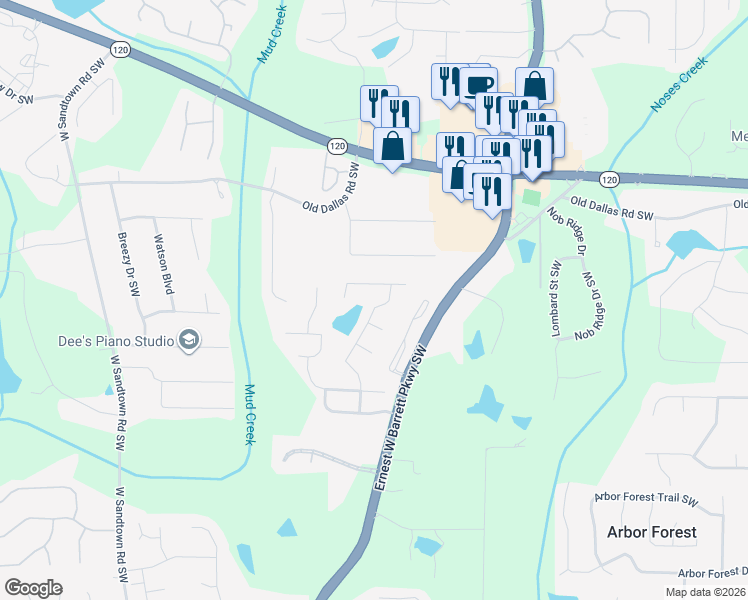 map of restaurants, bars, coffee shops, grocery stores, and more near 2425 Alexander Lake Drive Southwest in Marietta