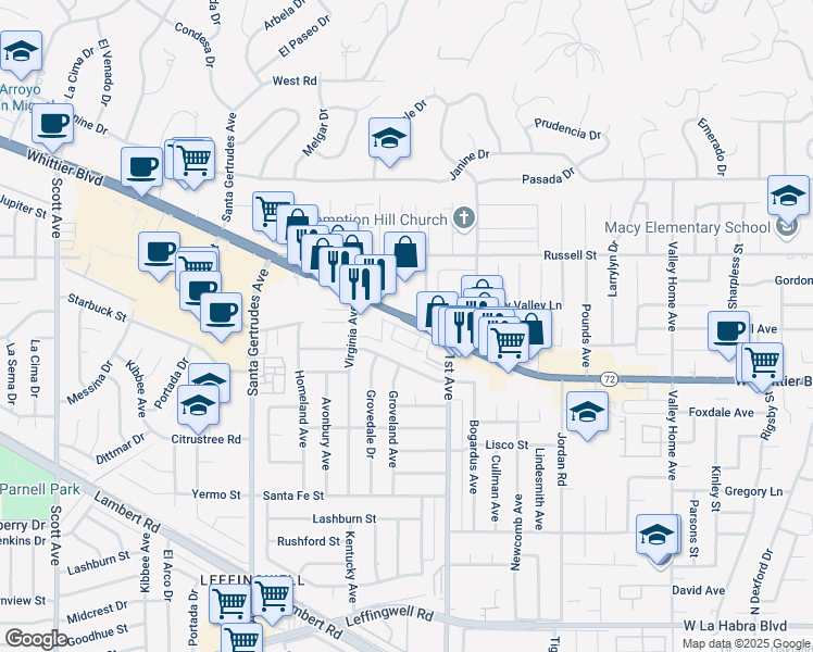 map of restaurants, bars, coffee shops, grocery stores, and more near 16089 Gables Loop in Whittier