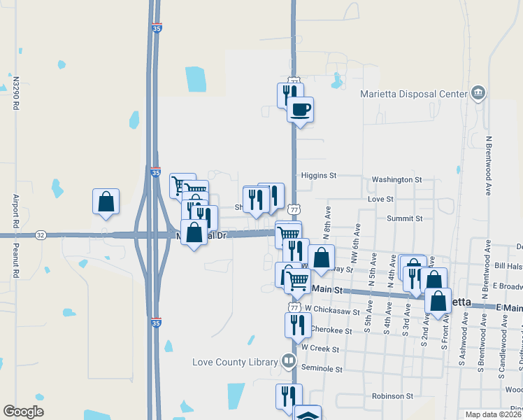 map of restaurants, bars, coffee shops, grocery stores, and more near 1020 Shell Street in Marietta