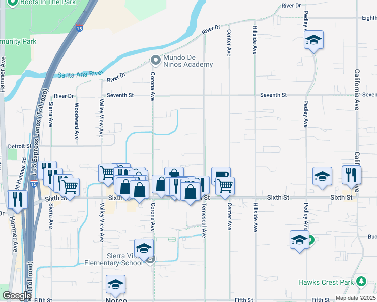 map of restaurants, bars, coffee shops, grocery stores, and more near 955 Winners Circle in Norco