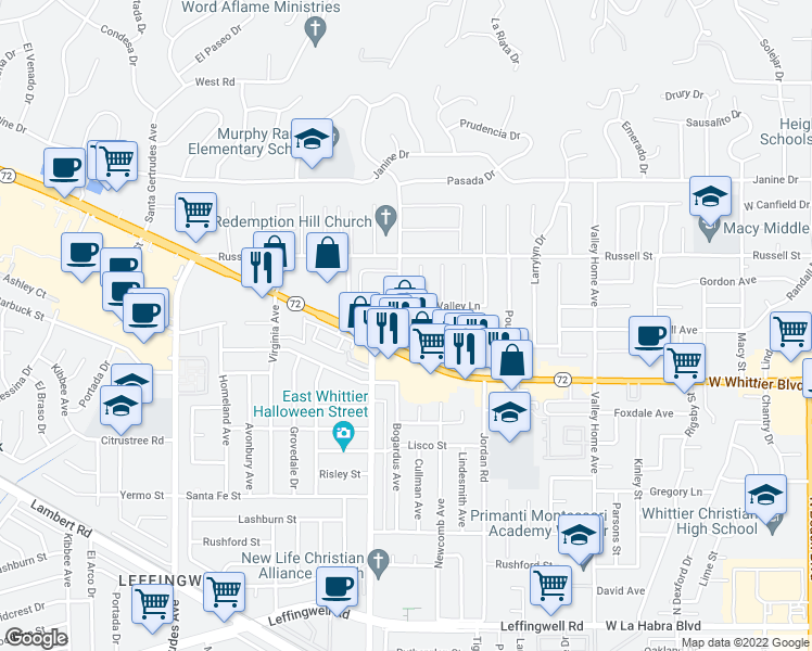 map of restaurants, bars, coffee shops, grocery stores, and more near 10418 Bogardus Avenue in Whittier