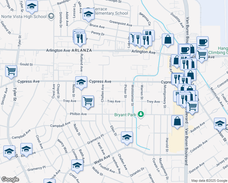 map of restaurants, bars, coffee shops, grocery stores, and more near 8527 Janet Avenue in Riverside