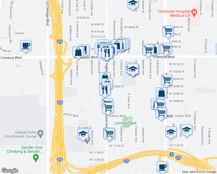 map of restaurants, bars, coffee shops, grocery stores, and more near 10400 South Inglewood Avenue in Inglewood