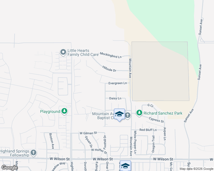 map of restaurants, bars, coffee shops, grocery stores, and more near 4278 Evergreen Lane in Banning
