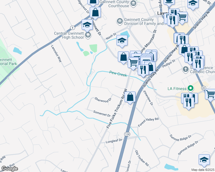 map of restaurants, bars, coffee shops, grocery stores, and more near 637 Nottingham Drive in Lawrenceville