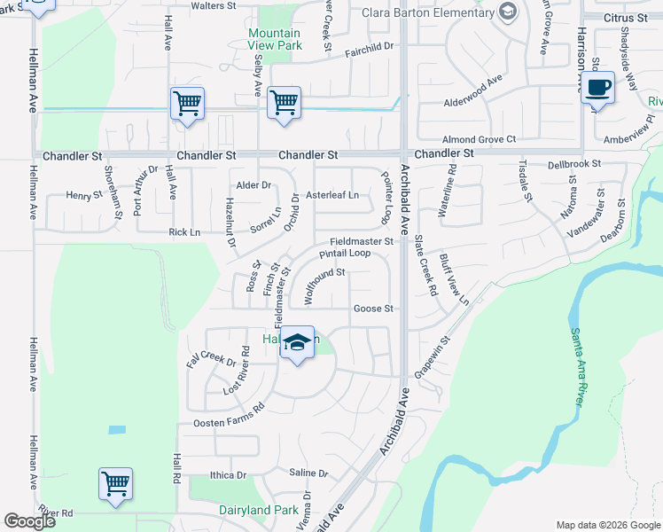map of restaurants, bars, coffee shops, grocery stores, and more near 14330 Wolfhound Street in Eastvale