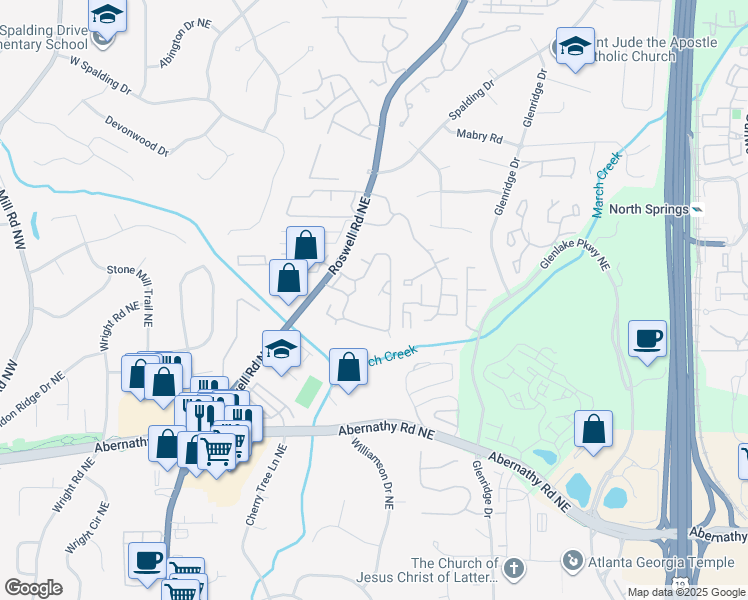 map of restaurants, bars, coffee shops, grocery stores, and more near 6851 Roswell Road Northeast in Atlanta