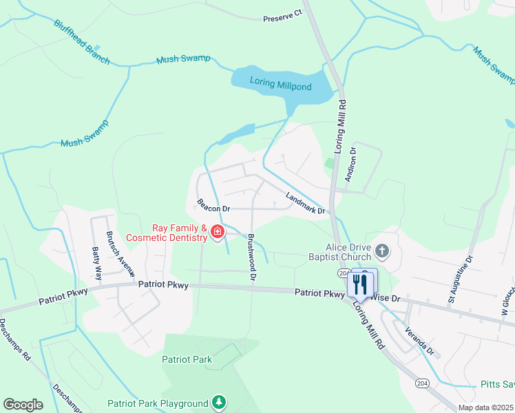 map of restaurants, bars, coffee shops, grocery stores, and more near 601 Brushwood Drive in Sumter