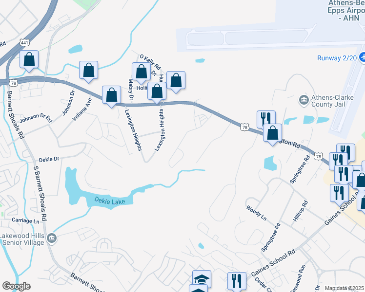 map of restaurants, bars, coffee shops, grocery stores, and more near 2400 Lexington Road in Athens