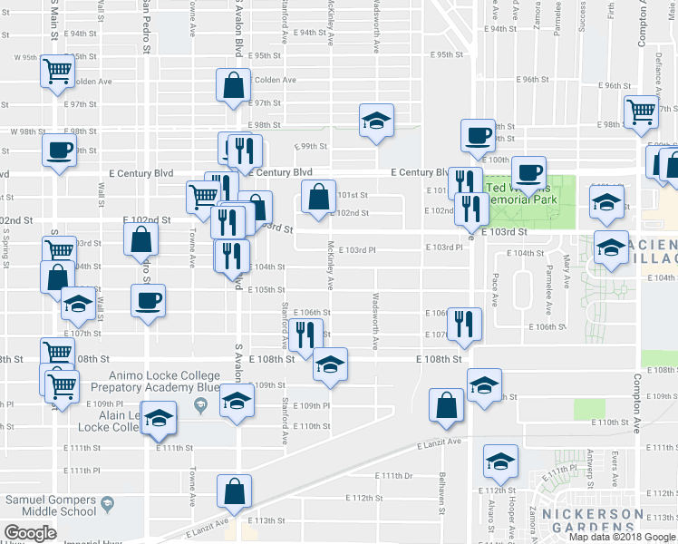 map of restaurants, bars, coffee shops, grocery stores, and more near 810 East 104th Street in Los Angeles