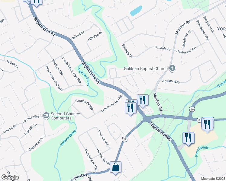 map of restaurants, bars, coffee shops, grocery stores, and more near 4260 Sugarloaf Parkway in Lawrenceville