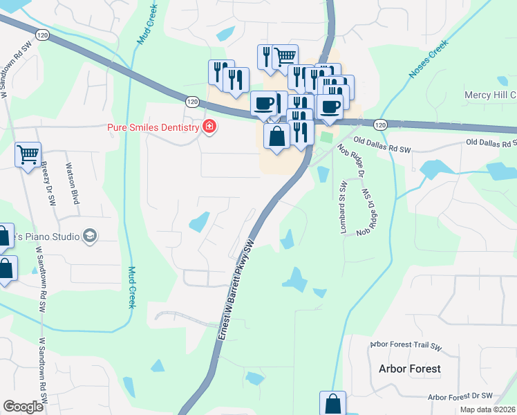 map of restaurants, bars, coffee shops, grocery stores, and more near 523 Winding Ridge Circle in Marietta