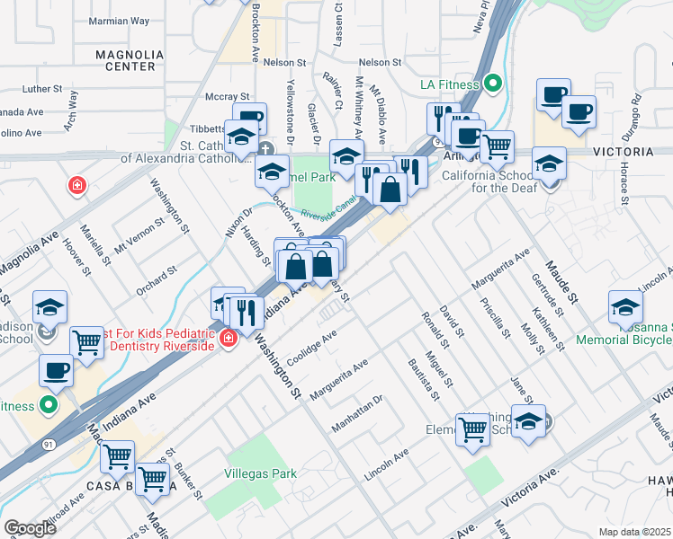 map of restaurants, bars, coffee shops, grocery stores, and more near 6886 Indiana Avenue in Riverside
