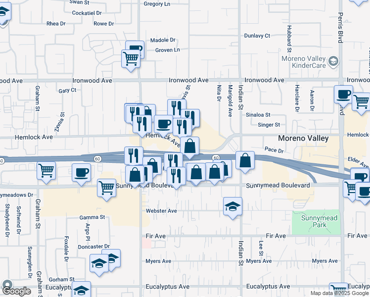 map of restaurants, bars, coffee shops, grocery stores, and more near Hemlock Avenue in Moreno Valley