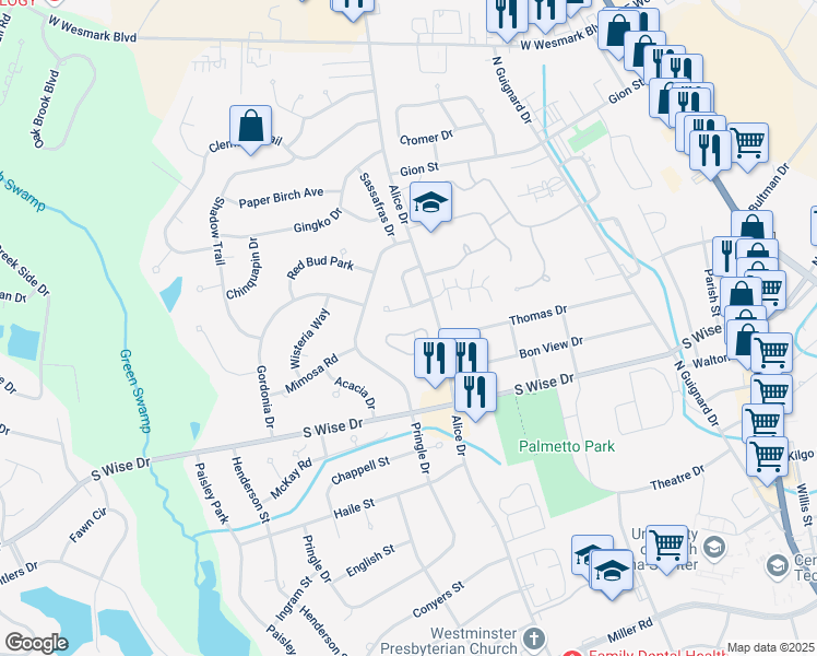 map of restaurants, bars, coffee shops, grocery stores, and more near 2250 Graystone Drive in Sumter