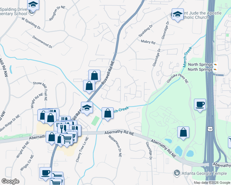 map of restaurants, bars, coffee shops, grocery stores, and more near 6951 Roswell Road in Sandy Springs