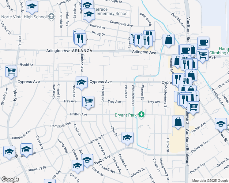 map of restaurants, bars, coffee shops, grocery stores, and more near 8527 Janet Avenue in Riverside