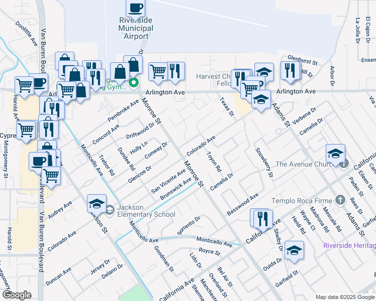 map of restaurants, bars, coffee shops, grocery stores, and more near 8675 Colorado Avenue in Riverside