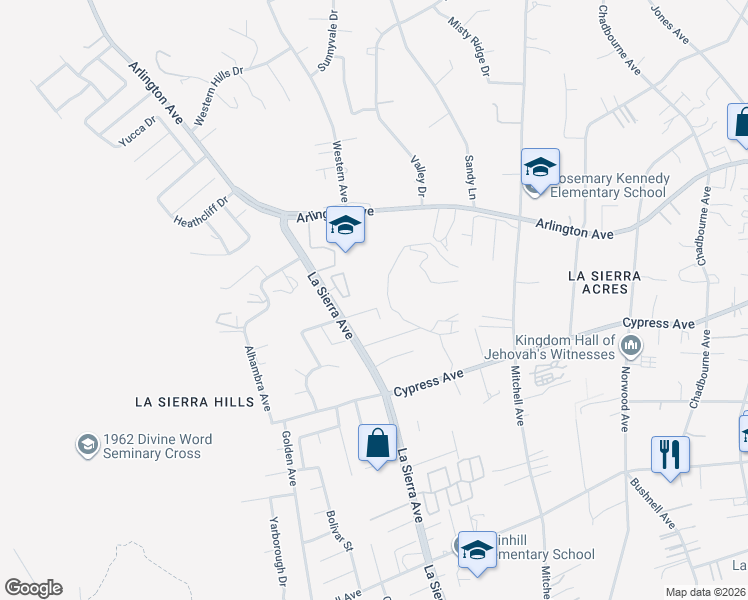 map of restaurants, bars, coffee shops, grocery stores, and more near 11015 Francisco Place in Riverside