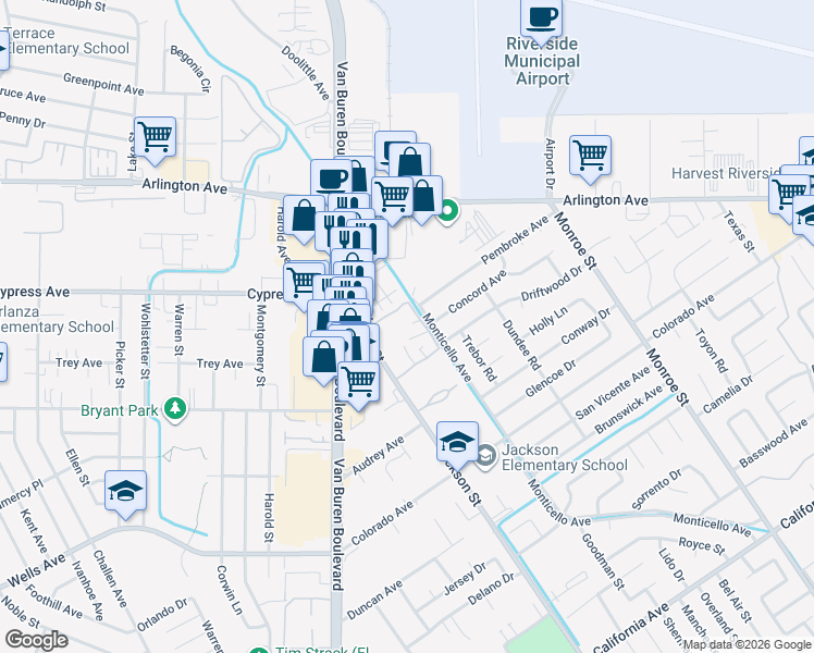 map of restaurants, bars, coffee shops, grocery stores, and more near 4859 Jackson Street in Riverside