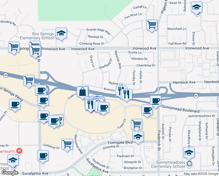 map of restaurants, bars, coffee shops, grocery stores, and more near 22596 Kinross Lane in Moreno Valley