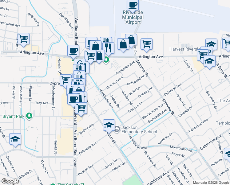 map of restaurants, bars, coffee shops, grocery stores, and more near 8938 Driftwood Drive in Riverside