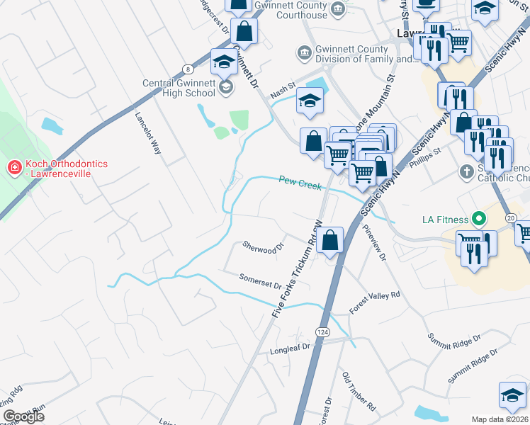 map of restaurants, bars, coffee shops, grocery stores, and more near 637 Nottingham Drive in Lawrenceville
