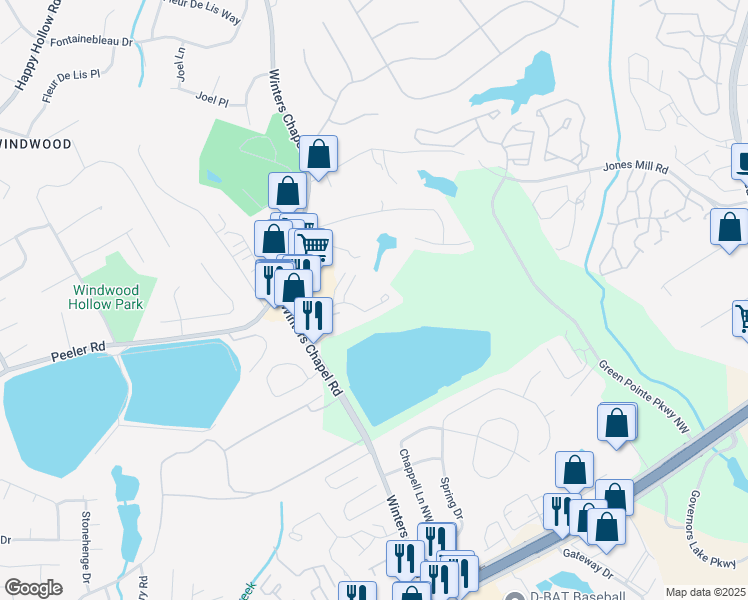 map of restaurants, bars, coffee shops, grocery stores, and more near 7060 Winterbrook Court in Atlanta