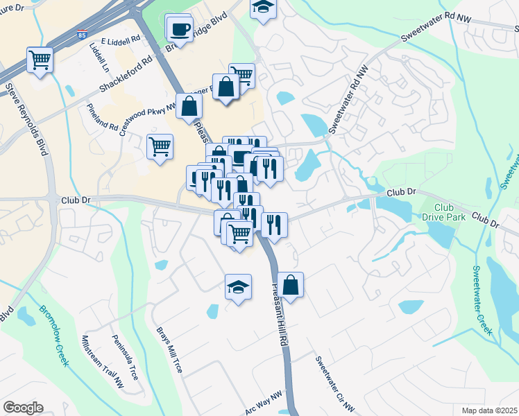 map of restaurants, bars, coffee shops, grocery stores, and more near 1490 Pleasant Hill Road in Duluth
